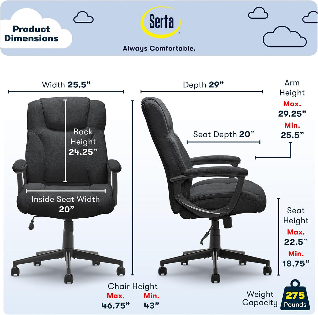 Serta Connor Executive Office Chair, Ergonomic Computer Chair with Layered Body Pillows, Contoured Lumbar, Adjustable Seat, Microfiber Fabric, Black