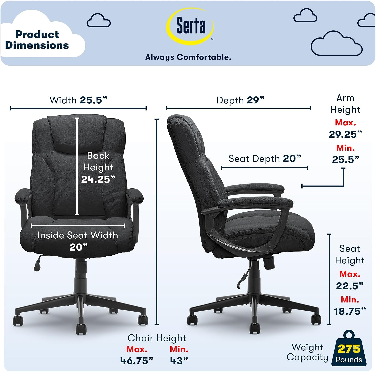 Serta Connor Executive Office Chair, Ergonomic Computer Chair with Layered Body Pillows, Contoured Lumbar, Adjustable Seat, Microfiber Fabric, Black