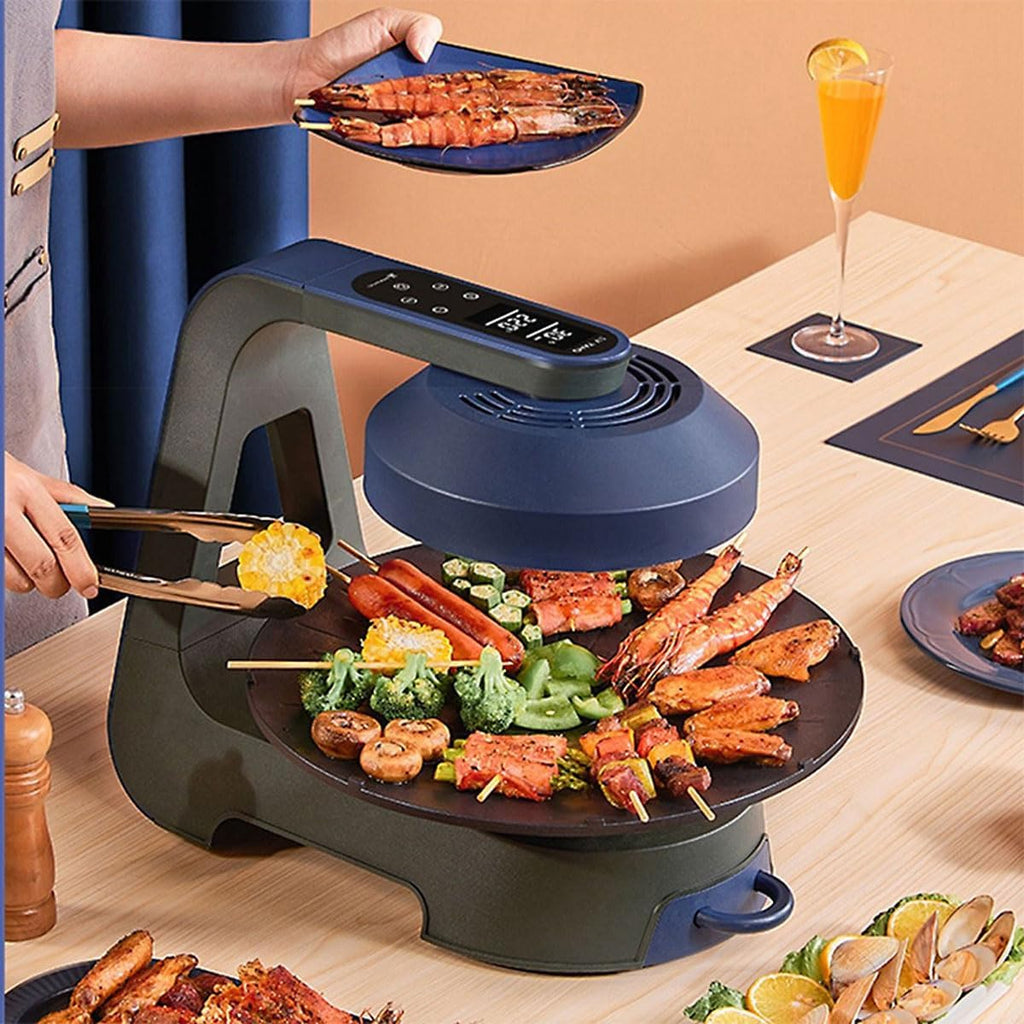 2024 New Smokeless Grill Indoor, 1400W Electric 3D Far Infrared Rapid Heating Grill Griddle, 11 Temperature Levels, 360° Automatic Rotation, LCD Display Barbecue Machine for Home Party Camping