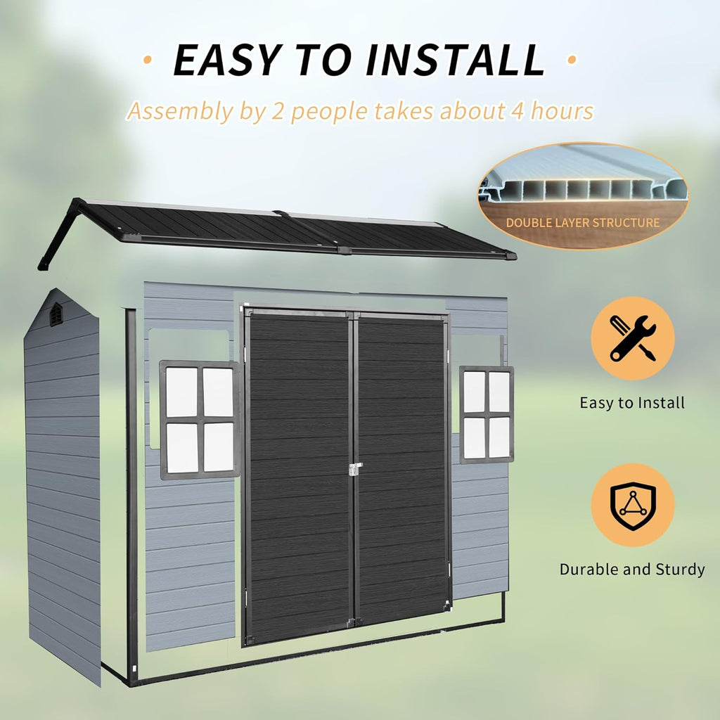 YOPTO 4x8 Ft Resin Outdoor Storage Shed Weather Resistant with Floor,Outdoor Resin Storage Shed W/ 2 Windows,Garden Tool House W/Lockable Door & Slpoed Roof,for Backyard,Patio,Lawn,Gray+Black