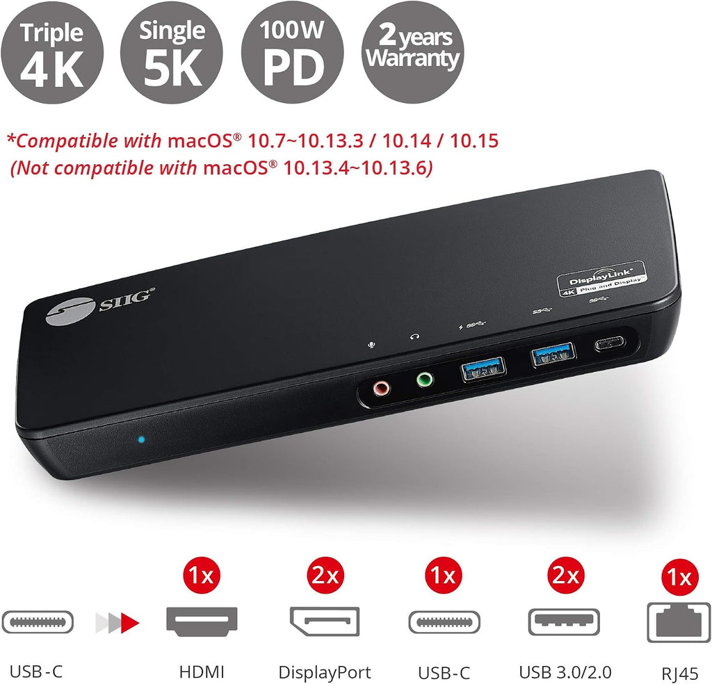 SIIG USB Type C 4K Triple Monitor Docking Station - Triple 4K@60Hz or Single 5K@60Hz Video Laptop Dock with 85W Charging - 1x HDMI, 2x DisplayPort, 5x USB Ports for Windows PC & MacBook (JU-DK0B11-S1)