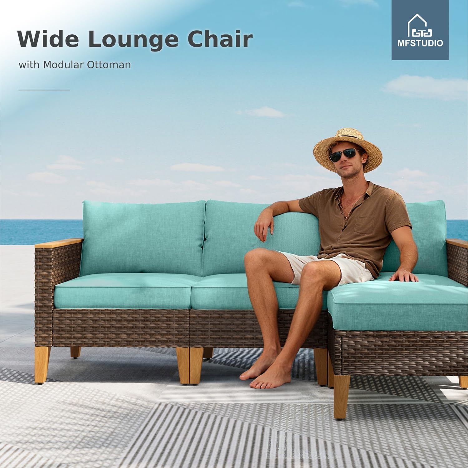 MFSTUDIO 9 Piece Extra Large Wicker Patio Furniture Set, 2 x Loveseat Sofa, 2 x Ottoman, 3-Seat Sofa, All-Weather Outdoor PE Rattan Patio Conversation Set for Garden, Backyard(Aqua Blue Cushions)