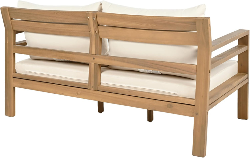 Christopher Knight Home Jamaia 2 Pieces Acacia Furniture Set, Patio Conversation Chat 2-Seat Sofa Set with Coffee Table, Outdoor Acacia Loveseat Set for Garden Porch Backyard Balcony, Light Teak+Beige