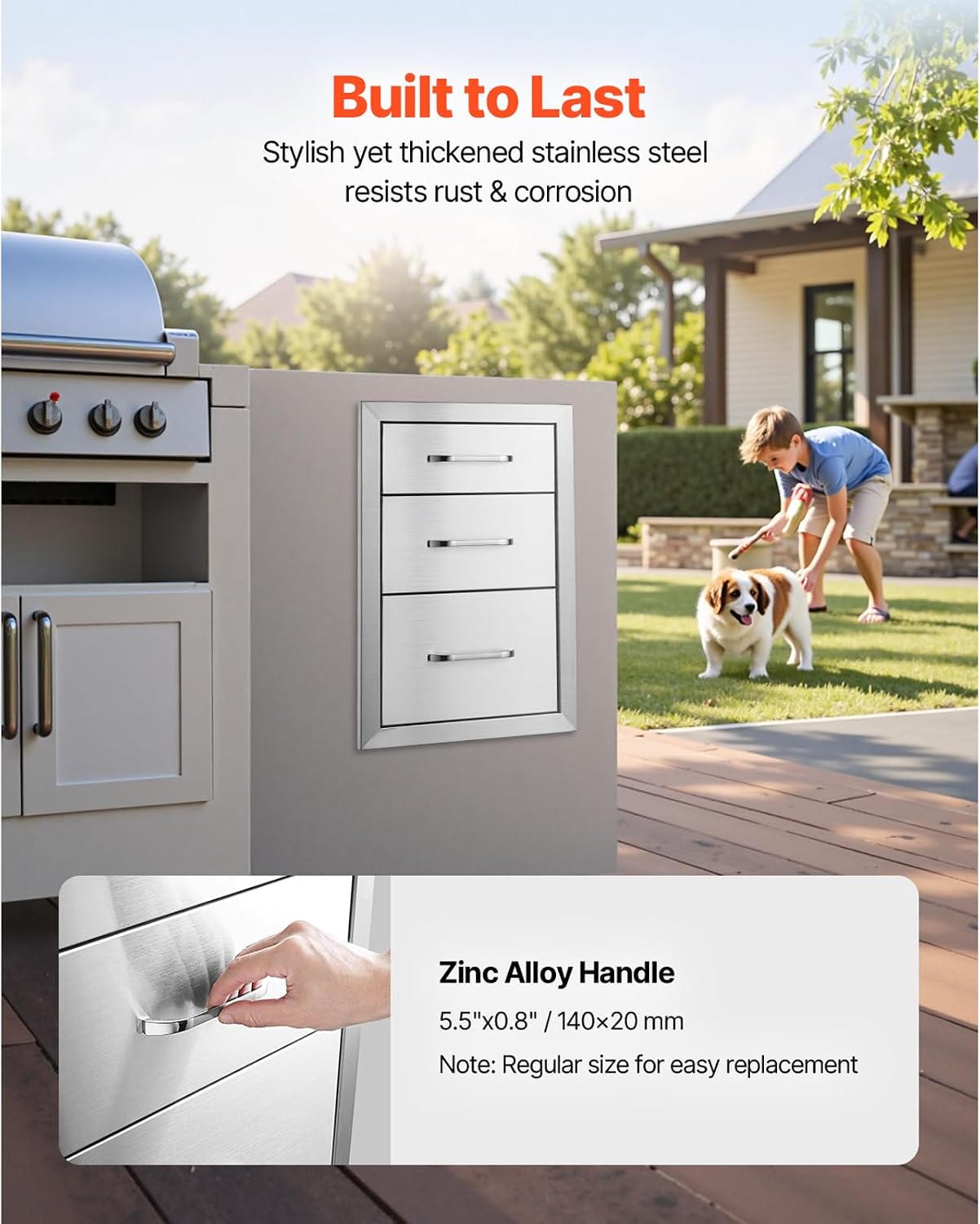 VEVOR 14x20.3 Inch Outdoor Kitchen Drawers Stainless Steel, Flush Mount Triple Drawers, 14W x 20.3H x 23D Inch, with Stainless Steel Handle, Outdoor Kitchens or BBQ Island