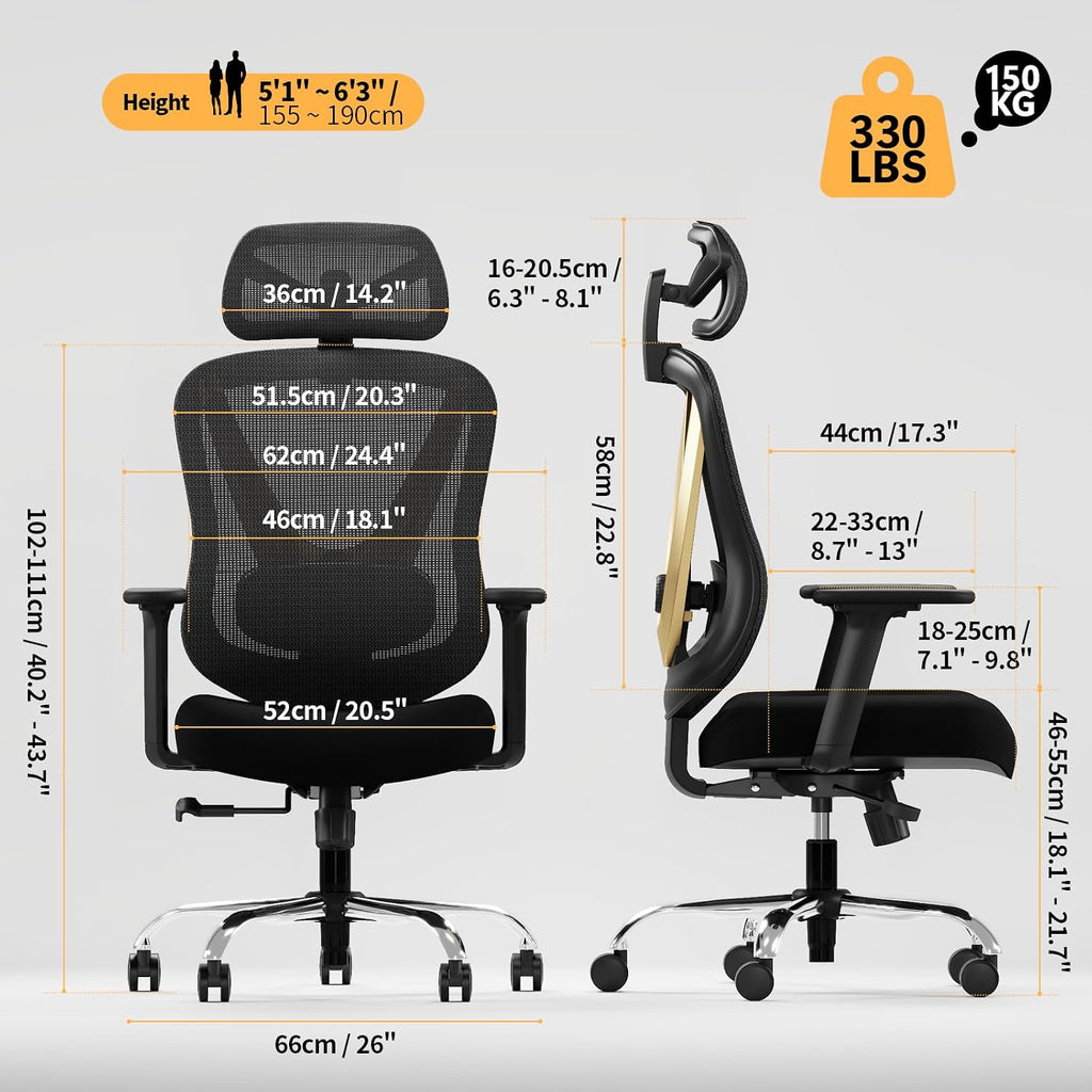 HOLLUDLE Ergonomic Mesh Office Chair - 3D Adjustable Lumbar Support & 3D Armrests, V-Shaped Back, Adjustable Desk Chair for Office & Home, Black and Gold