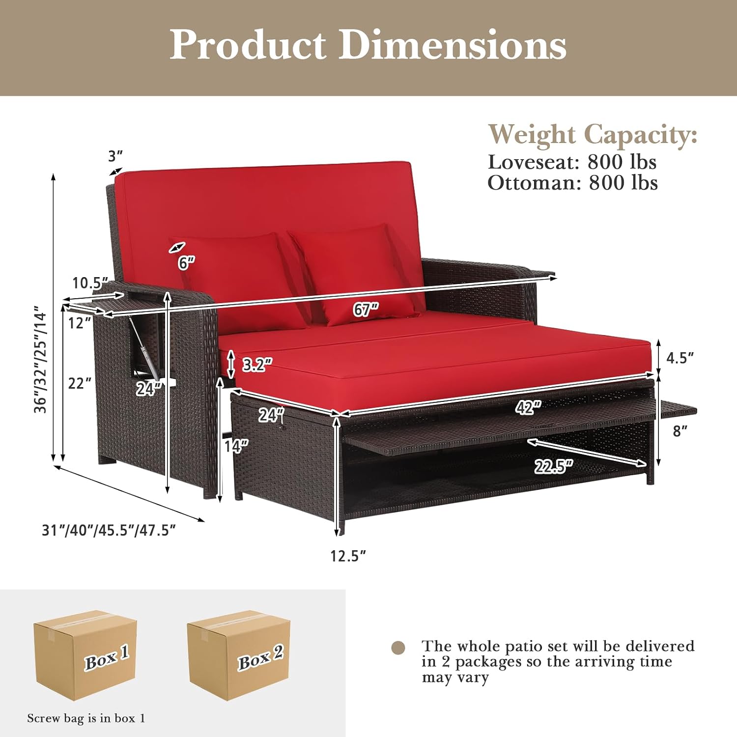 Tangkula Patio Rattan Daybed with 4-Level Adjustable Backrest, Outdoor PE Wicker Loveseat with Storage Ottoman & Folding Side Tray, Double Sunbed Lounger for Balcony, Backyard & Poolside, Red & Brown