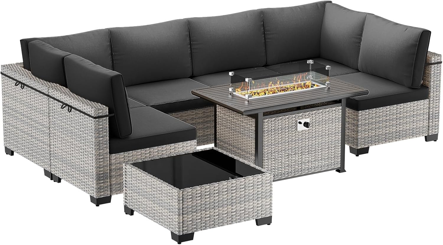 8-Piece Modern Patio Conversation Set with 55,000 BTU Fire Pit Table, Thick Cushions, Upgraded Rattan, Reinforced Frame