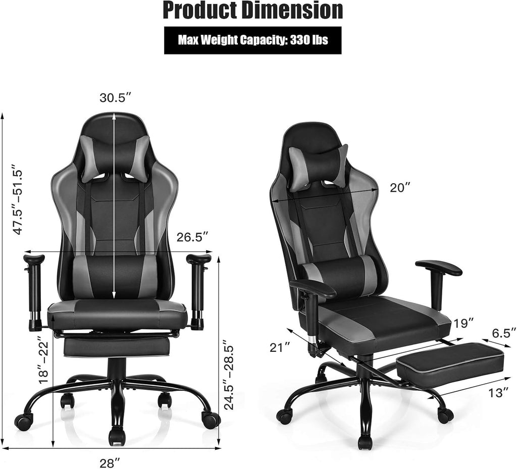 GYMAX Gaming Chair, High Back Computer Gaming Chair with Adjustable Armrests & Massage Lumbar Support, Swivel Ergonomic Reclining Office Chair (Black)