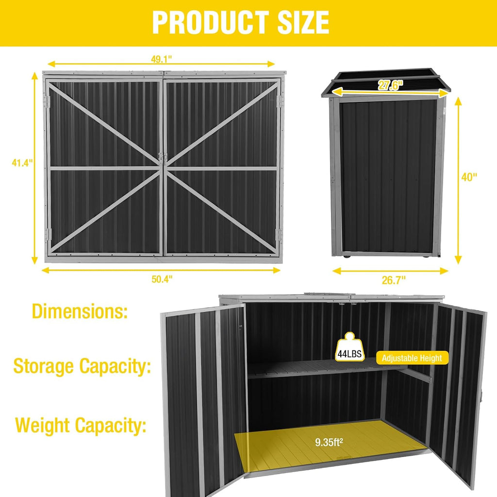 Aivituvin Outdoor Storage Cabinet Trash Can Storage Shed Upgraded with Metal Frame for Garbage Can, Gardening Tools and Accessories 50.4' L x 26.7' D x 41.4' H - Black