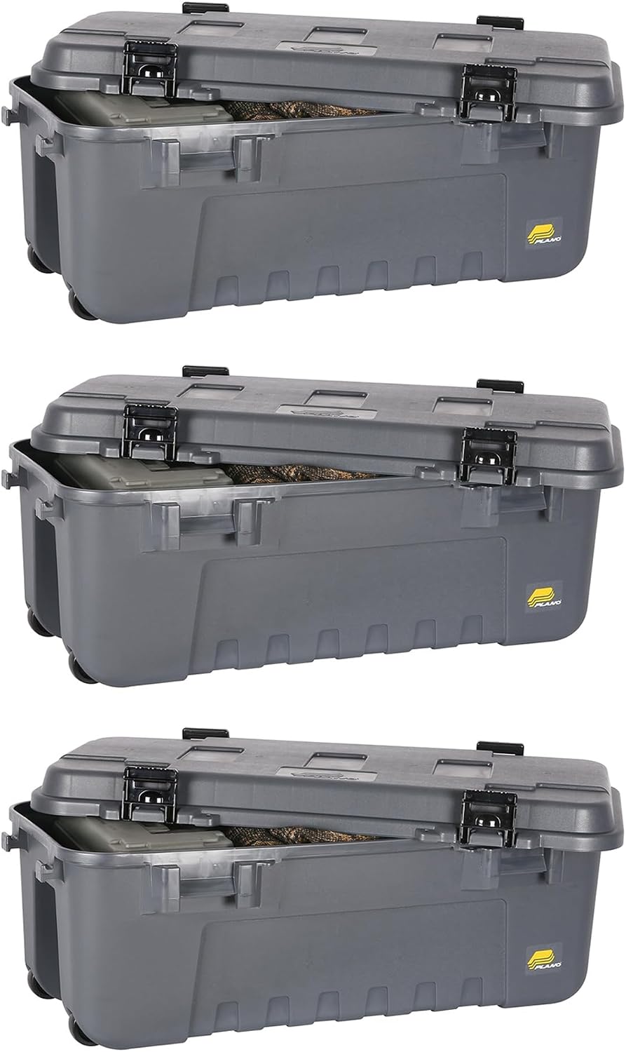 Plano 3 Pack Storage Trunk with Wheels, Gray, Lockable Storage Box, Airline Approved Sportsman Trunk, Hunting Gear and Ammunition Bin, Heavy-Duty Containers for Camping, 108-Quart