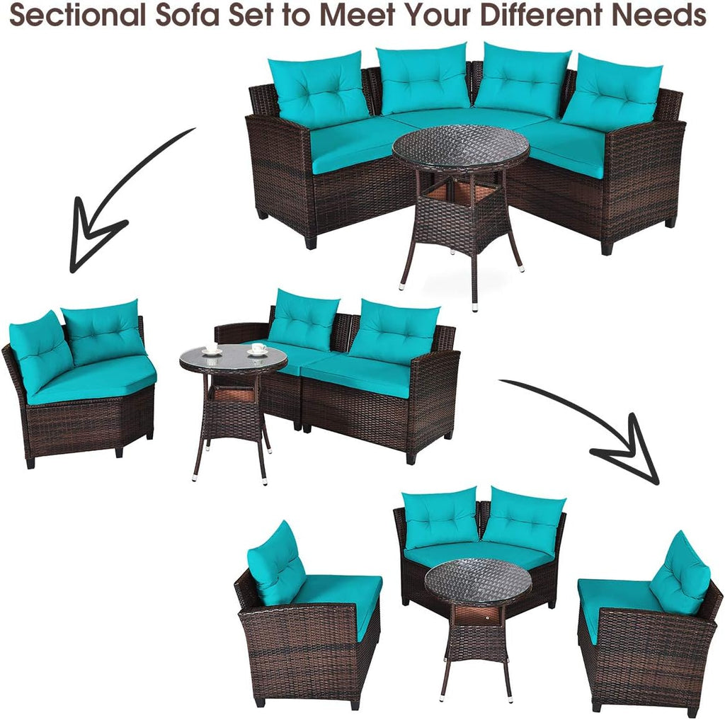 HAPPYGRILL 4 Pieces Patio Furniture Set Outdoor Rattan Wicker Conversation Set with Cushioned Sofas and Coffee Table, L-Shape Sectional Curved Sofa Set for Garden Poolside Balcony