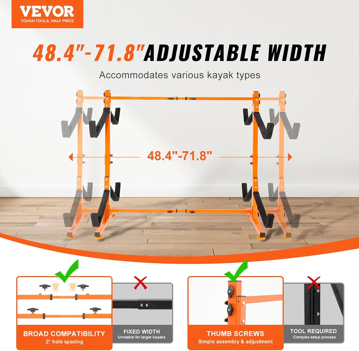 VEVOR Kayak Storage Rack, Heavy Duty Adjustable Freestanding Stand with Lockable Wheels for Indoor Outdoor Garage Shed Dock, Holder for Canoe, SUP, Surfboard & Paddleboard