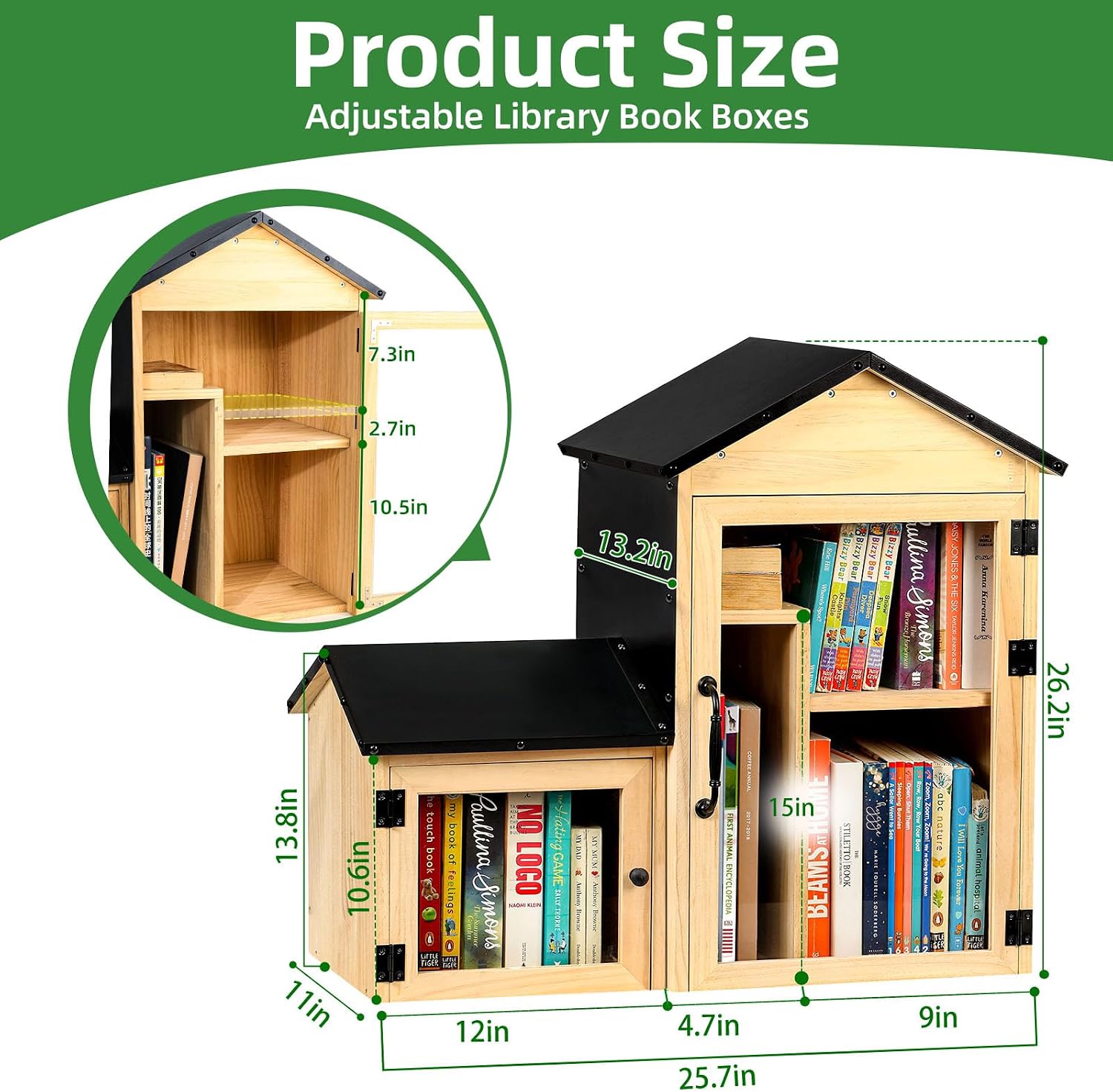 Outdoor Library Book Box, Solid Wood Free Library with Large & Small Compartments, Waterproof Coating & Metal Joint Trim, Adjustable Storage, Easy Install Community Book, Literature, Newspaper Sharing
