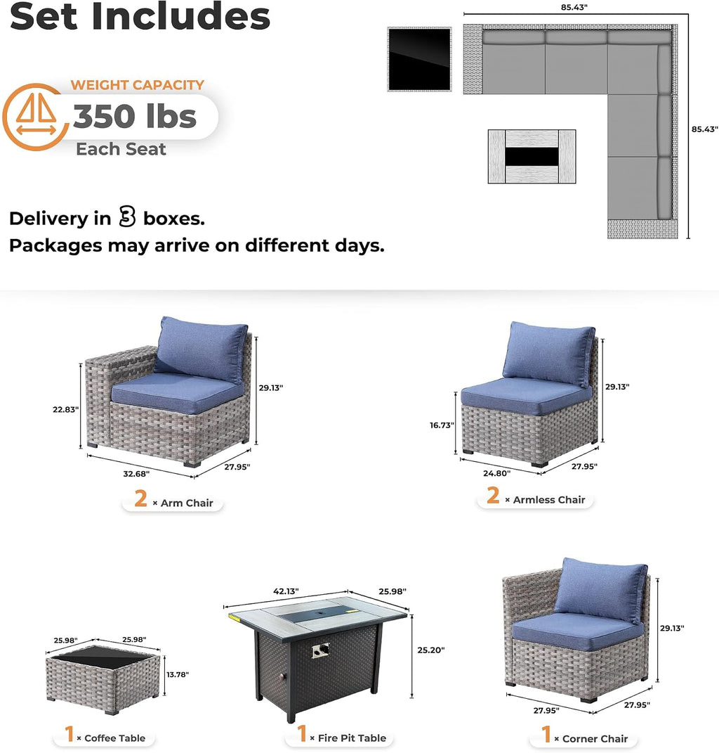 ovios 7 Pieces Patio Furniture Set, Outdoor Wicker Sectional Sofa with 42 Inch Fire Pit Table Comfy Cushions, Modern Modular Deep Seat Rattan Couch Conversation Set, Denim Blue