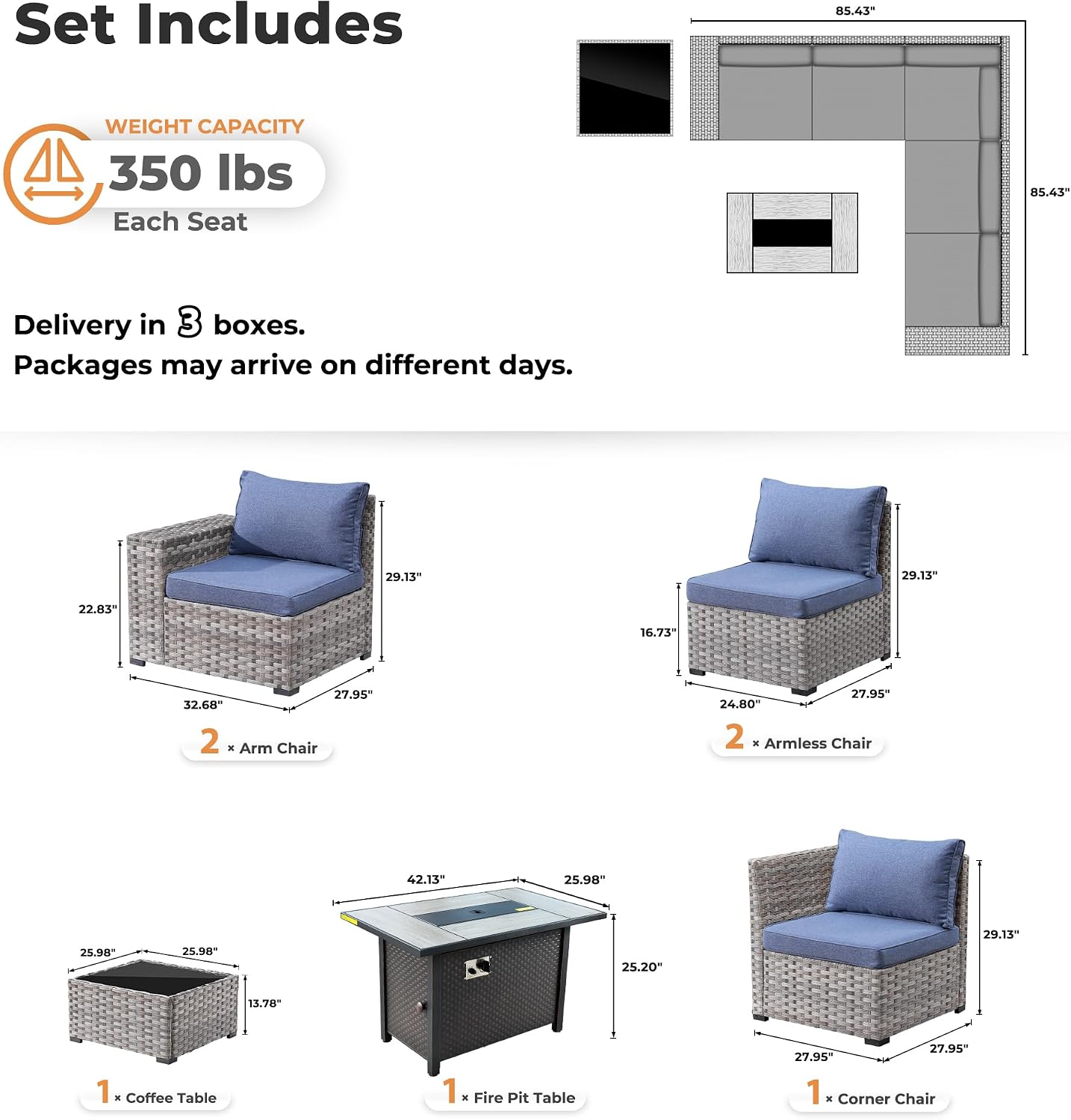 ovios 7 Pieces Patio Furniture Set, Outdoor Wicker Sectional Sofa with 42 Inch Fire Pit Table Comfy Cushions, Modern Modular Deep Seat Rattan Couch Conversation Set, Denim Blue