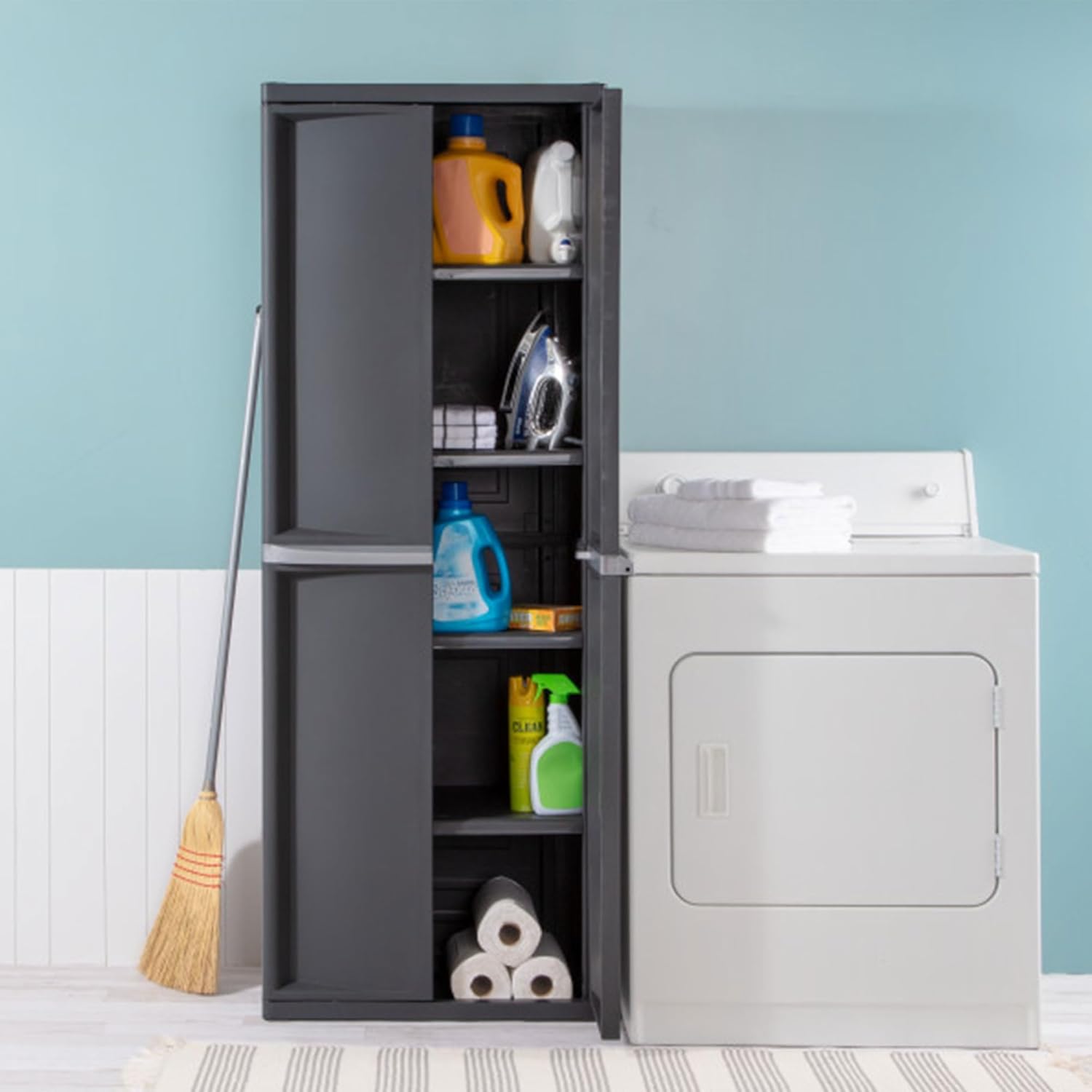 Sterilite 2-Pack 4 Shelf Cabinet, Lockable Utility Storage w/Adjustable Shelves, Gray - Plastic Shelving Unit for Organizing Garage, Pantry, Basement, Laundry Room or Mudroom