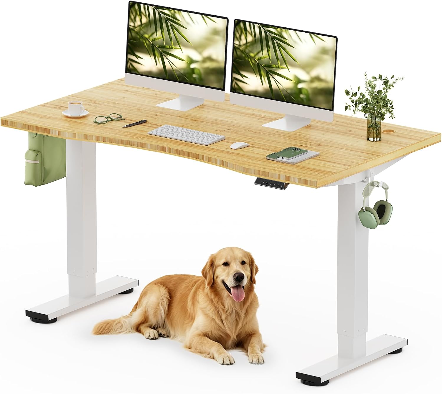 FLEXISPOT Solid Wood Standing Desk, One-Piece Real Wood Desktop, Electric Height Adjustable Desk for Home Office, 176 LBS Capacity (55'x28' Curved Bamboo, White Frame)