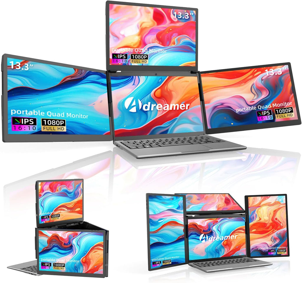 ADREAMER 13.3' Triple Screen Laptop Monitor Extender, Detachable 3 Screen Monitor for Laptop 13'-16', 1920x1200 IPS 16:10, 1 Cable for 3 Displays, Compatible with Wins/Mac.