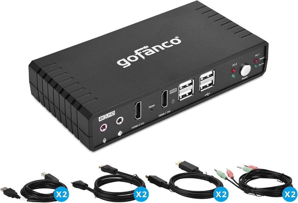gofanco Dual Monitor HDMI 2.0 KVM Switch (2 Port) – 2x HDMI Extended Display, 4K 60Hz 4:4:4, HDCP 2.2, [HDMI or DisplayPort Input] Keyboard & Mouse Switcher with USB 2.0 Hub and Audio, Cables Included
