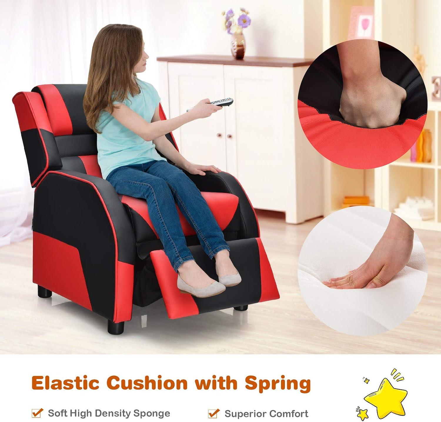 Costzon Kids Recliner, Gaming Recliner Chair w/Footrest, Headrest & Lumbar Support, Ergonomic Leather Lounge Chair for Living & Gaming Room, Adjustable Racing Style Sofa for Children Boys Girls, Red