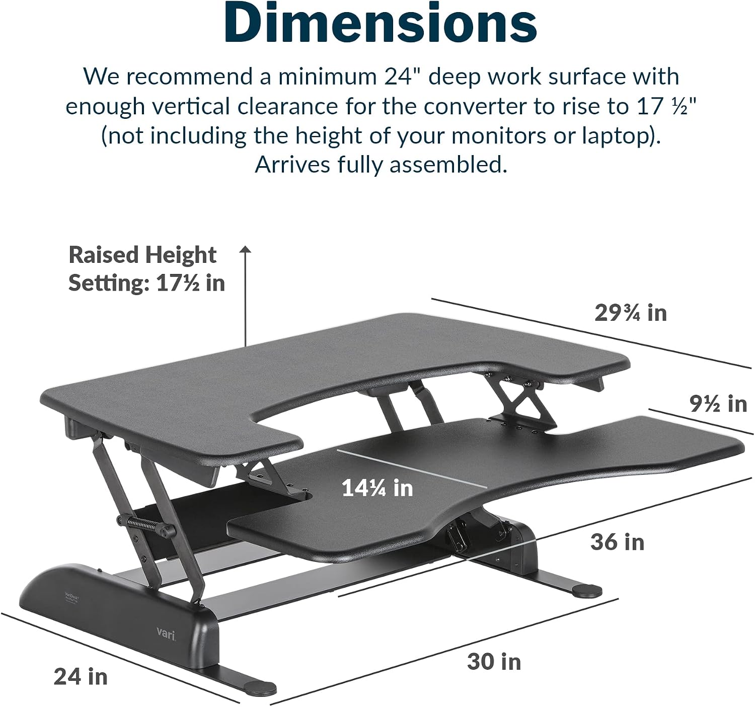 Vari VariDesk Pro Plus 36 - Adjustable Desk Converter with 11 Height Settings - Laptop Sit Stand Desk Riser for Home Office, Table Tops, Workspace - Fully Assembled with Spring Loaded Lift - Black