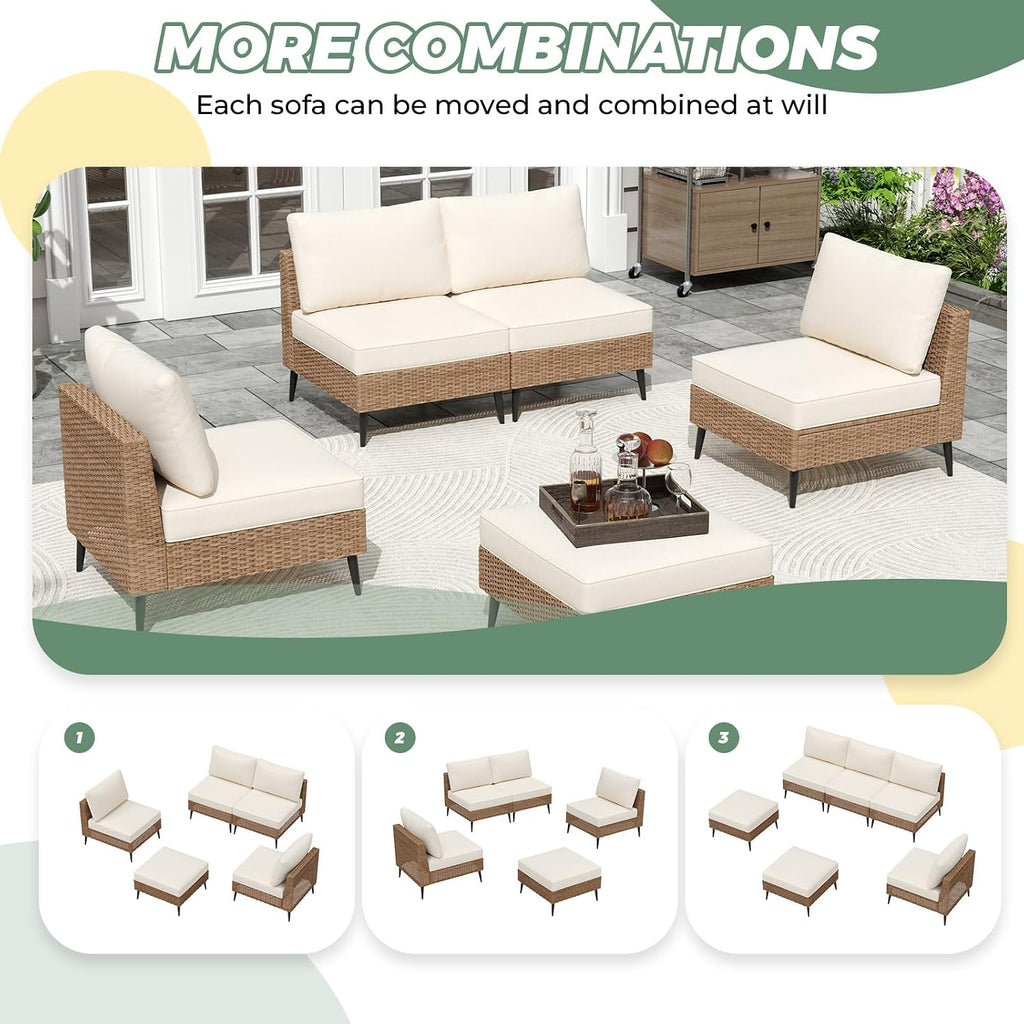 LVUYOYO 5 Pieces Outdoor Patio Furniture Set, Wicker Sectional Sofa Couch, Rattan Conversation Sets with Cushions for Deck, Backyard, Porch (Khaki)