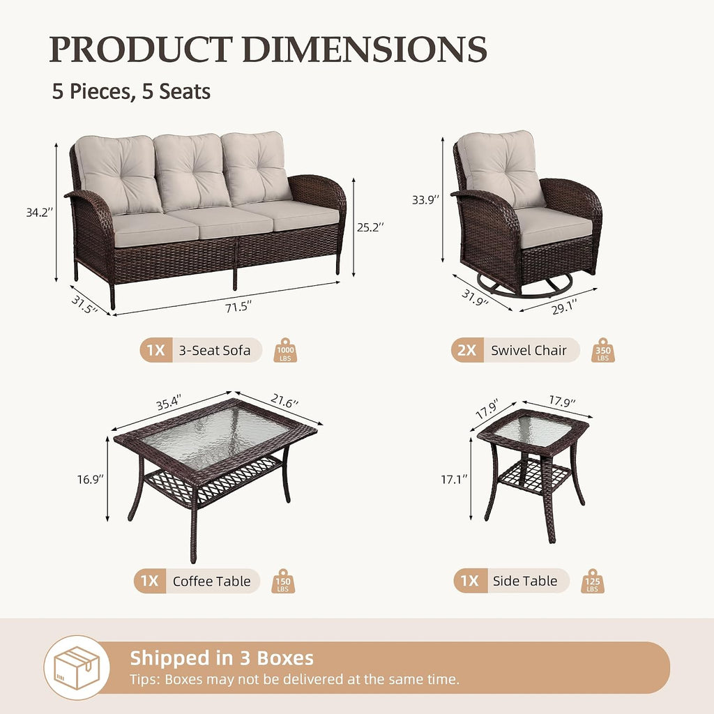 UPHA 5 Pieces Patio Furniture Sets, Wicker Outdoor 3-Seat Sofa Set with Swivel Chairs, Patio Conversation Set for Deck Backyard Garden, Brown Rattan, Beige Cushion