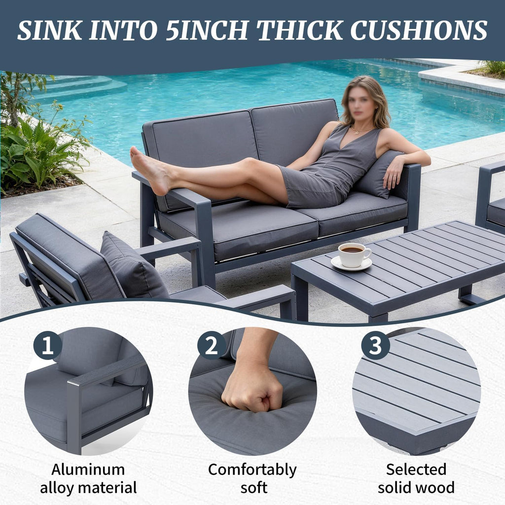 Aluminum Patio Furniture Set, Modern Metal Outdoor Conversation Sectional Sofa with Washable Thick Cushions, Coffee Table and Waterproof Cover (Grey, 1088-4seat)