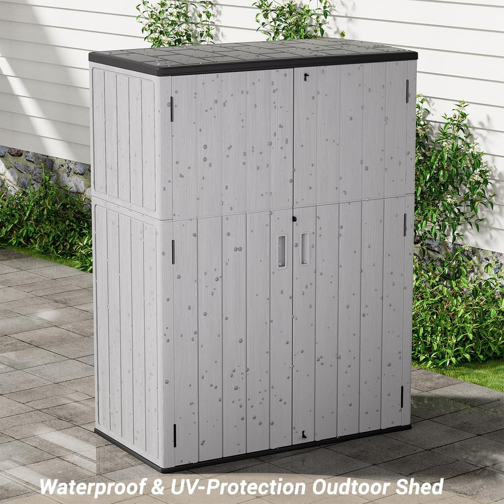 KINYING Outdoor Vertical Storage Shed,57 Cu.ft Outdoor Storage Cabinet Waterproof,Resin Sheds & Outdoor Storage for Garden,Patio,Backyard,Lockable (Grey Color)