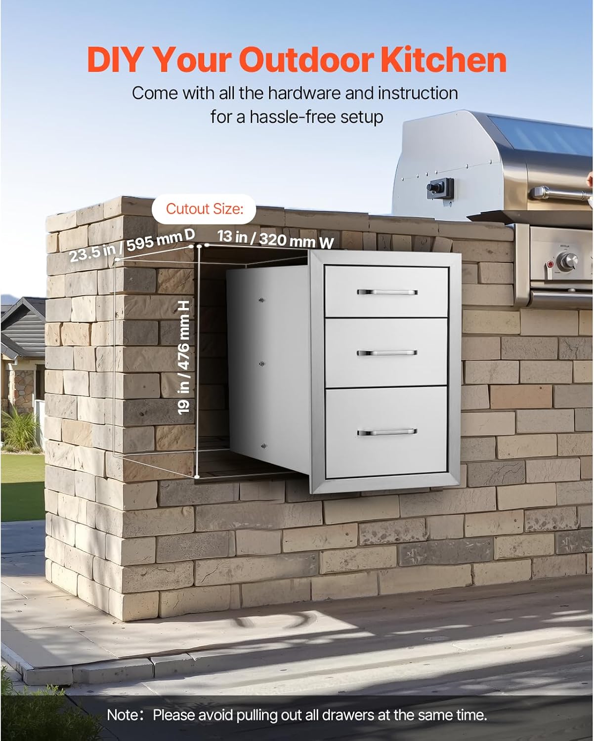 VEVOR 14x20.3 Inch Outdoor Kitchen Drawers Stainless Steel, Flush Mount Triple Drawers, 14W x 20.3H x 23D Inch, with Stainless Steel Handle, Outdoor Kitchens or BBQ Island