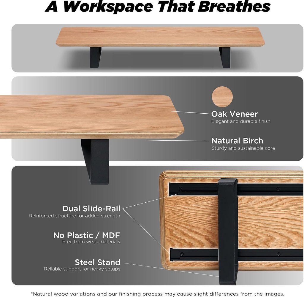 ULTRARM Moodular Wooden Monitor Stand 33.4' (85cm) Desk Organizer with Metal Slide Rails for Drawer, Tray, Laptop, Tablet, Phone & Headphones Customizable Riser for Organized Workspace Oak MS85-O