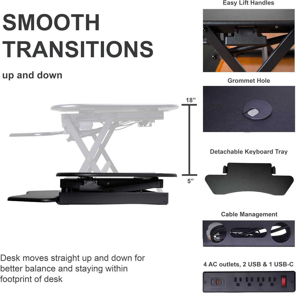 Rocelco 46' Height Adjustable Corner Standing Desk Converter with AC Outlet and USB Charger - Sit Stand Up Dual Monitor Tabletop Riser Workstation - Large Keyboard Tray - Black (R CADRB-46-ACUSB)
