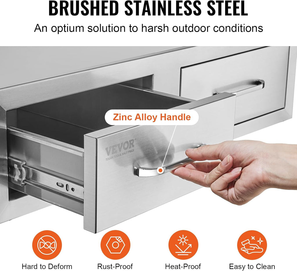 VEVOR Outdoor Kitchen Drawers 30' W x 10' H x 20' D, Horizontal Double BBQ Access Drawers Stainless Steel with Handle, BBQ Island Drawers for Outdoor Kitchens or Patio Grill Station