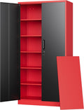 Letaya Metal Garage Storage Cabinets with Lock, 71' Tall Locker Organizer Steel Tool Cabinets,5 Adjustable Shelves 2 Doors for Home Office, Warehouse,Garage,Industrial,Employee (Black Red)