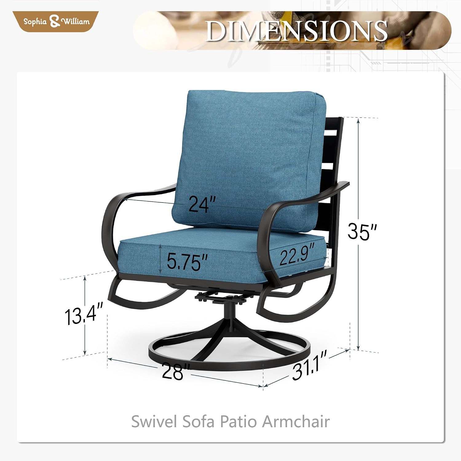 Sophia & William 2 Pieces Patio Furniture Sets Metal Sofa Chairs Patio Cushion Armchairs Swivel Sofa Chairs with Removable Cover for Garden Backyard Poolside Navy