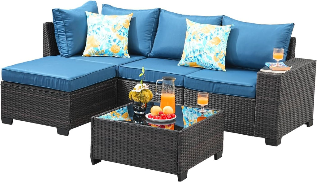 5 Pieces Outdoor Patio Furniture Set, Wicker Conversation Sets with Tea Table, Rattan Patio Sofa with Thick Cushions for Garden, Backyard, Poolside, Party, Peacock