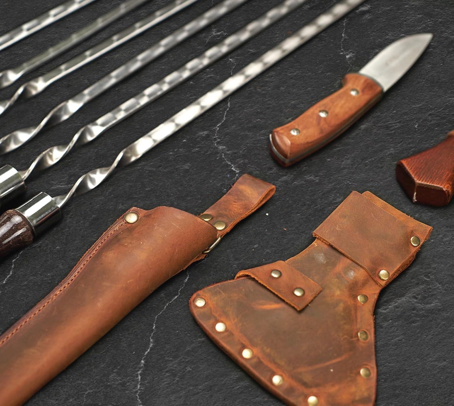 Grilling Supplies for BBQ - Outdoor Skewers Set for BBQ - Premium Barbecue Skewers Tool Sets Grill Utensils - Outdoor Grilling Set - Grill Skewers Set with Leather Case Chieftain