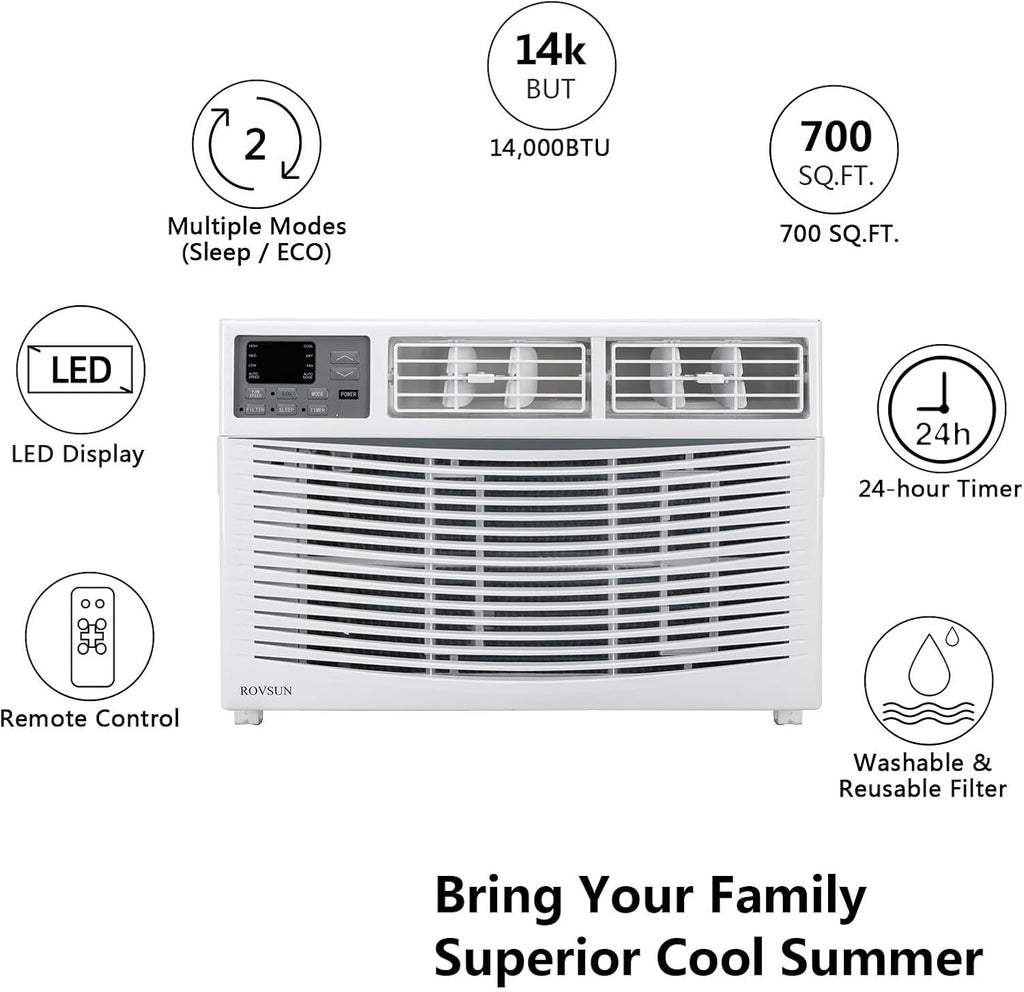 ROVSUN 14000 BTU Air Conditioner Window Unit, 3-in-1 Window AC Unit Cooler, Dehumidifier & Fan with Timer, Remote Control & Installation Kit, Cooling Rooms up to 700 Sq. Ft, 115V/60Hz, White & Grey
