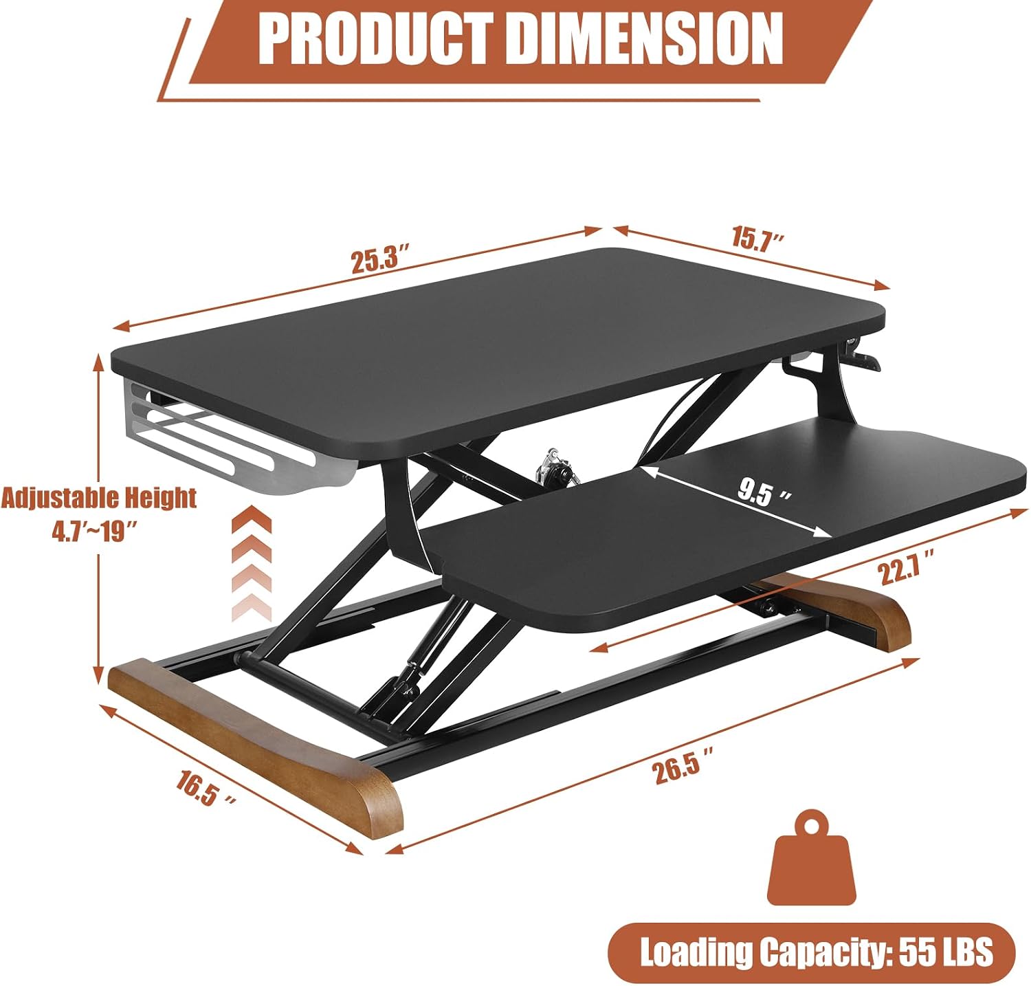 Height Adjustable Standing Desk Converter with Keyboard Tray, 26x16 Inch, Sit to Stand Desk Riser with Elegant Side Cover and Wooden Feet, Compact Monitor and Laptop Riser for Home & Office, Black