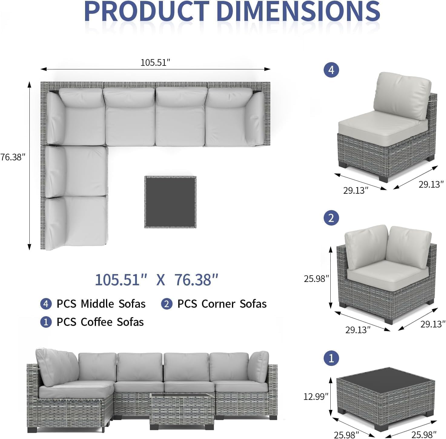 GarveeLife 7 Pieces Patio Furniture Set, Rattan Sectional Patio Sofa Set with 4 Sofas and One Coffee Table, Modular Outdoor Conversation Sofa Set for Garden, Backyard, Porch, Grey