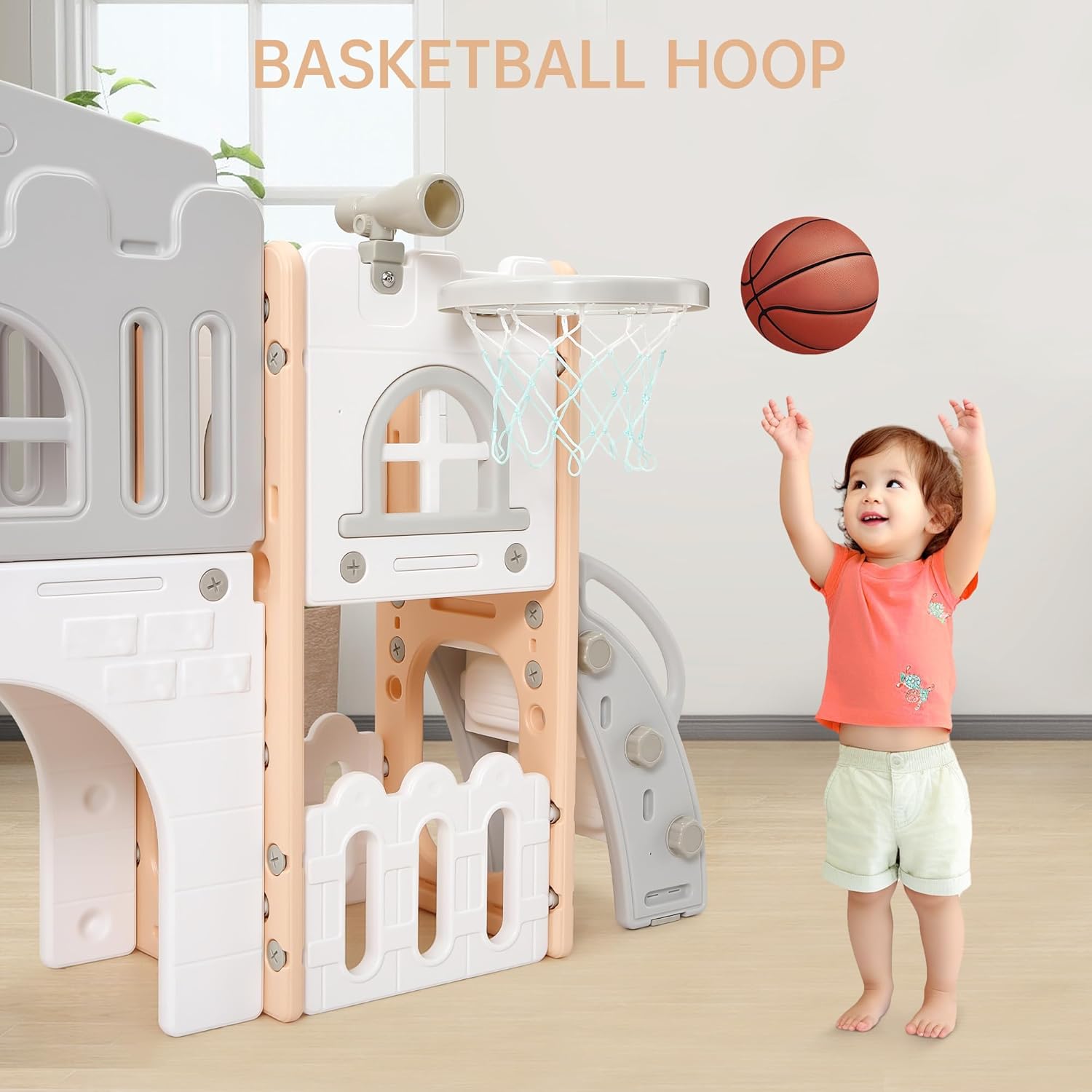 Garvee Toddler Slide 8 in 1 Toddler Playset for Toddlers Age 1-3, Baby Playset for Indoor Outdoor Playground with Climber, Crawling Tunnel, Basketball Hoop, Telescope, Toy Storage