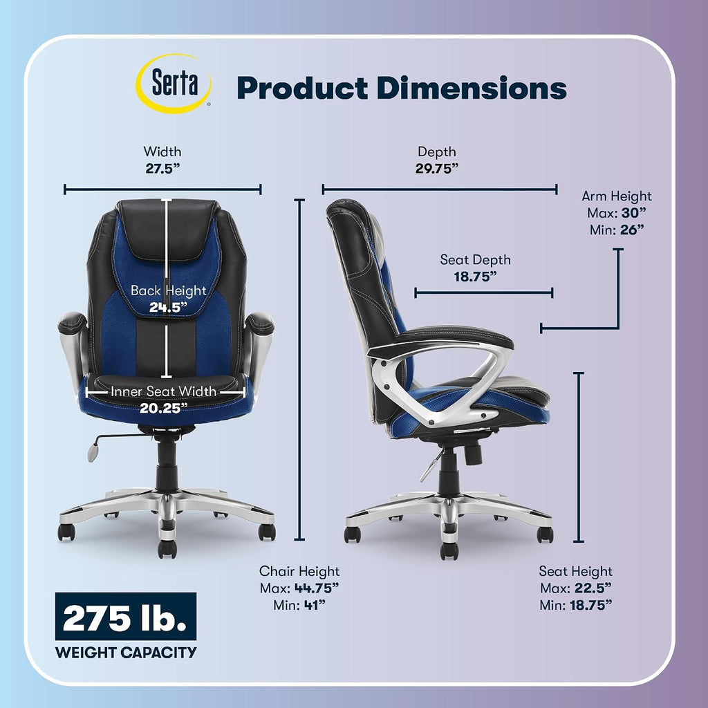 Serta Amplify Executive Office Chair with Faux Leather and Mesh, Adjustable Ergonomic Comfy Seat with Lumbar Support, Modern Computer DeskChairs, Swivel Rolling Wheels, Blue