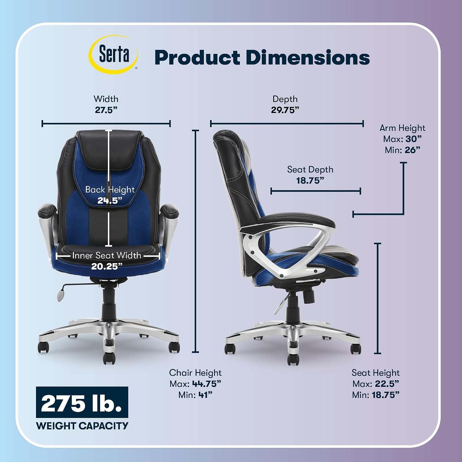 Serta Amplify Executive Office Chair with Faux Leather and Mesh, Adjustable Ergonomic Comfy Seat with Lumbar Support, Modern Computer DeskChairs, Swivel Rolling Wheels, Blue