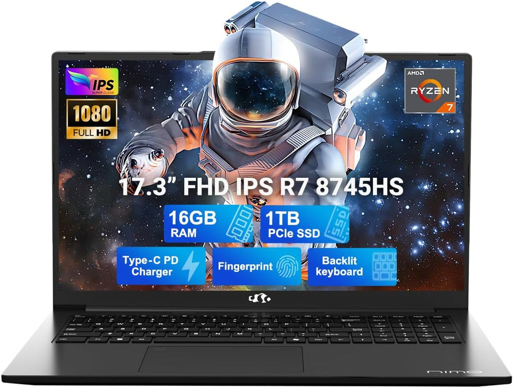 NIMO 17.3' IPS FHD-Gaming-Laptop, AMD Ryzen 7 8745HS 16GB DDR5 RAM 1TB SSD (8C/16T, up to 4.9GHz) Radeon 780M Graphics Business Computer with 100W Type-C Backlit Keyboard, Fingerprint USB-C 4.0