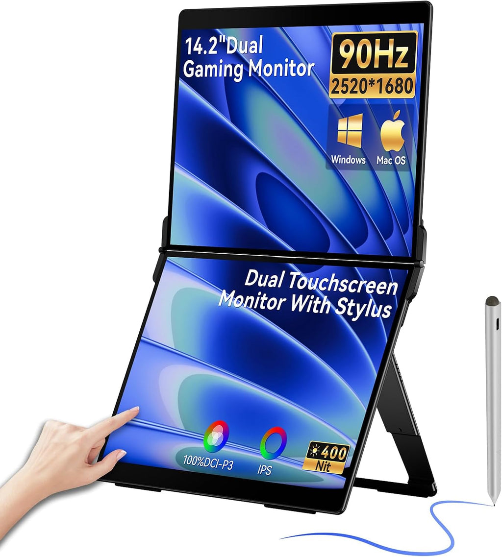 EHOMEWEI X2 Air 2.5K Portable Dual Touchscreen Monitor with Stylus Pen 90Hz 14.2'*2 IPS 2520 * 1680, 400 Nit Brightness, 100% sRGB, for Office/Home/Travel, for Mac/Laptop/Smartphone Extender Screen