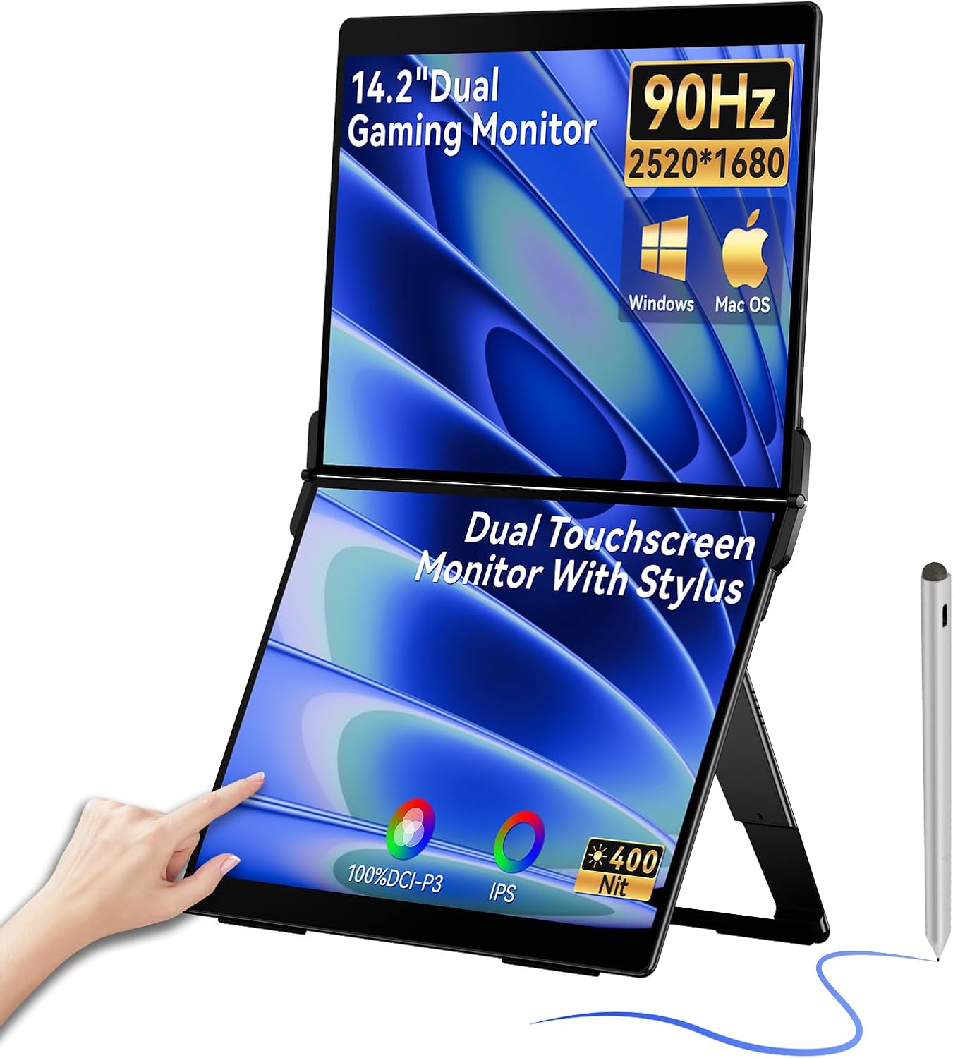 EHOMEWEI X2 Air 2.5K Portable Dual Touchscreen Monitor with Stylus Pen 90Hz 14.2'*2 IPS 2520 * 1680, 400 Nit Brightness, 100% sRGB, for Office/Home/Travel, for Mac/Laptop/Smartphone Extender Screen