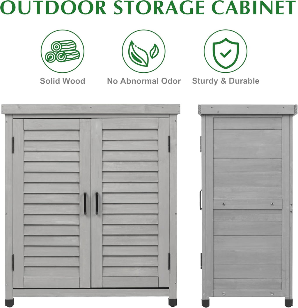Outdoor Storage Cabinet & Potting Bench Table with Metal Top, Wooden Patio Furniture, Garden Workstation (Accent Grey, 36x31x17in)