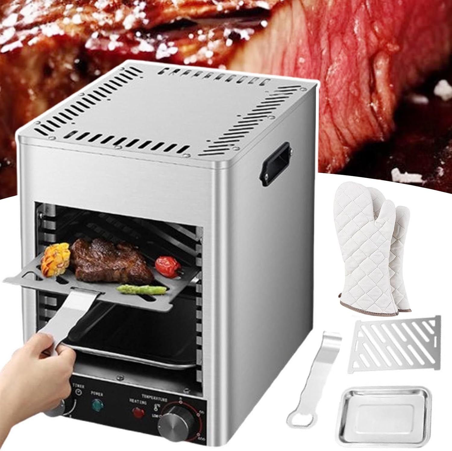 1700W Indoor Commercial Steak Grill | Electric Automatic Steak Broiler- 10-Layer Grill/Time Temperature Adjustable/800℃ high temperature grilling for Beef Chicken Vegetables,Grey