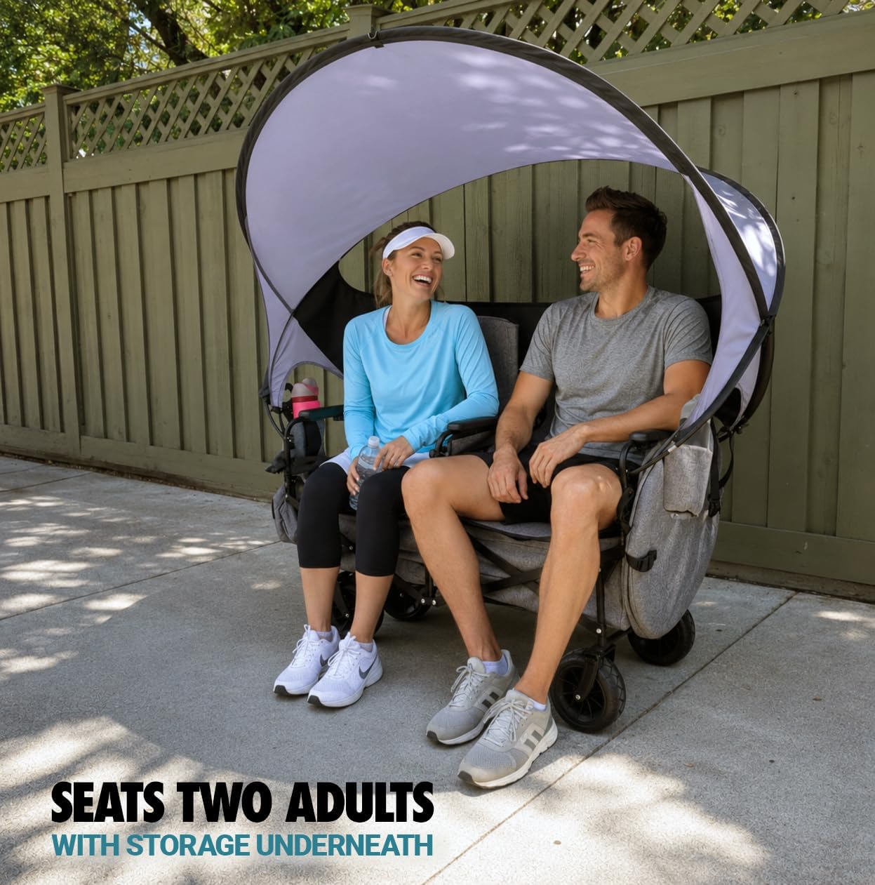 Lawn Chariot, Folding Wagon with 2 Adult Seats & UPF 50+ Canopy, Under-Seat Storage, All-Terrain Wheels, Black Canopy
