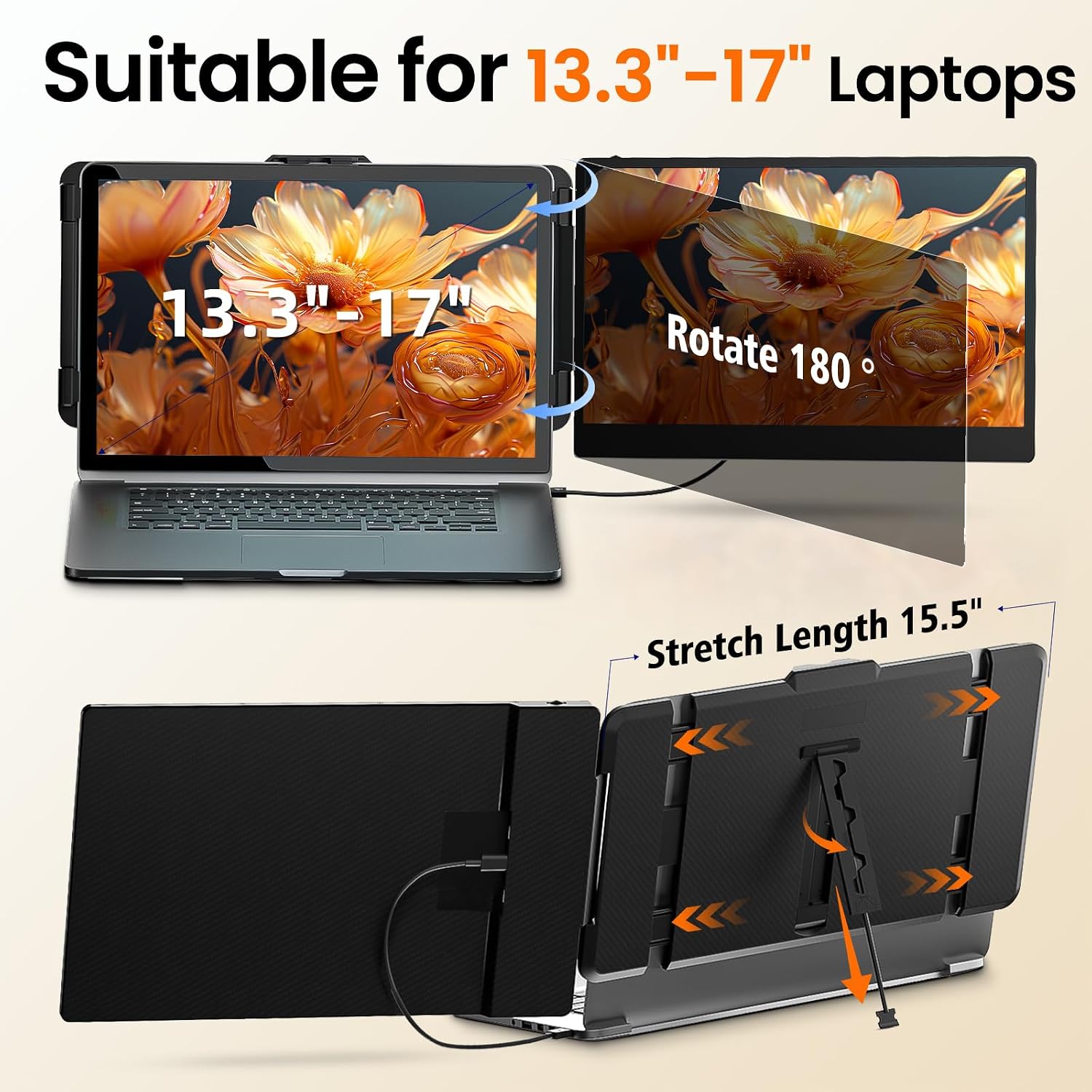 Laptop Screen Extender 14' Portable Monitor FHD 1080P IPS Laptop Monitor Extender for 13-17' Laptops, with USB-C/HDMI Port, for Windows/Mac/Android/Switch/PS5